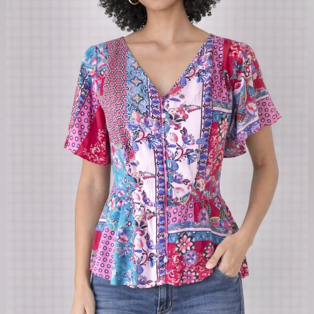 NWT Chico’s Patchwork Peplum Flutter-Sleeve Top S… - image 1